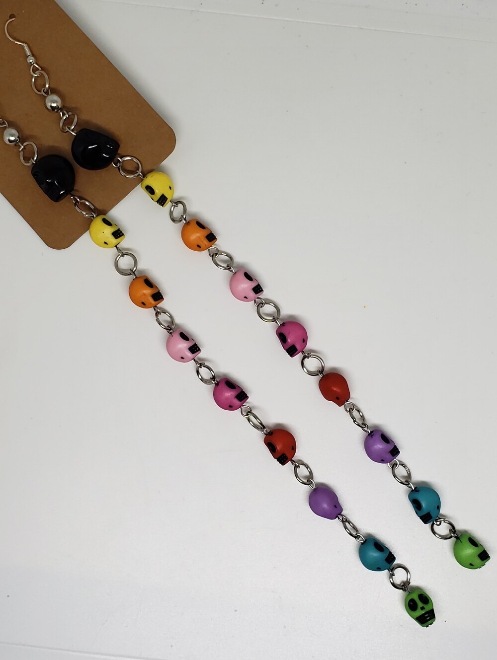 Handmade Long Rainbow Halloween Skull Dangle Earrings
